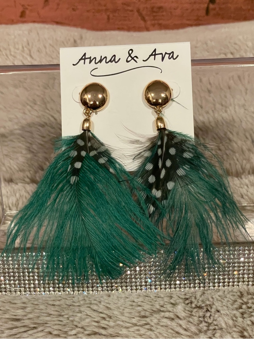 Anna & Ava Emerald Teal Feather Drop Earrings with Gold Accents